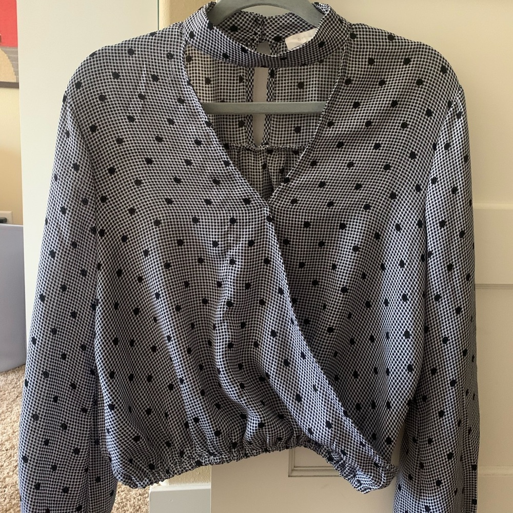 Anthropologie High Collar Polka Dot and Gingham Top